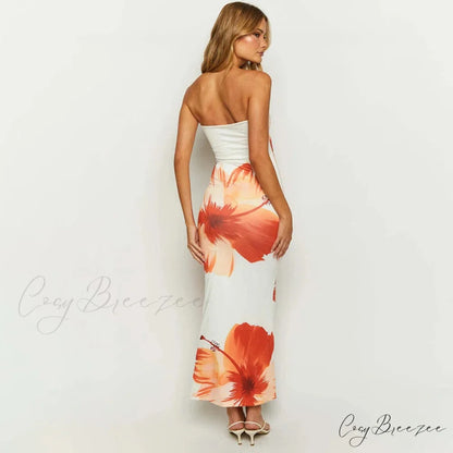 Flower Printed Off-Shoulder Slim Beach Long Dress floraldress-250126