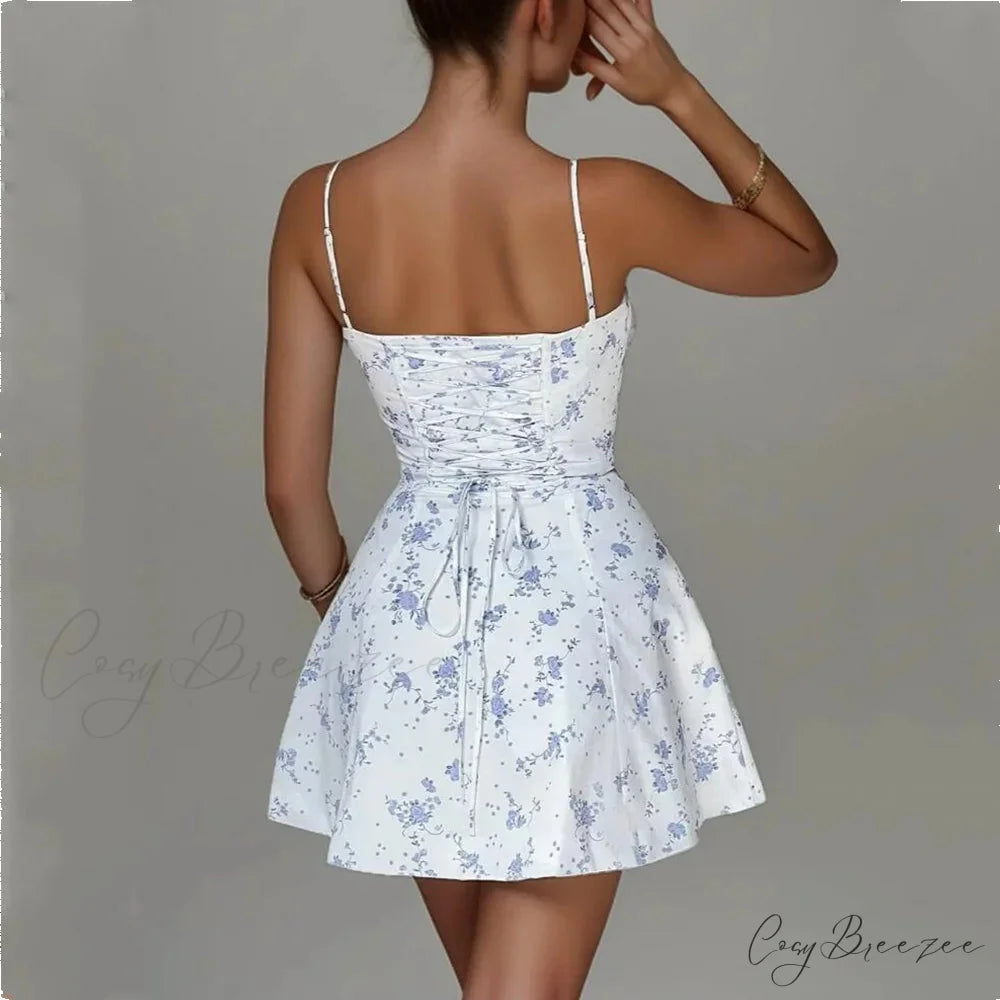 Flower Ruched Bow Back Slim Waist Mini Dress minidress-250223