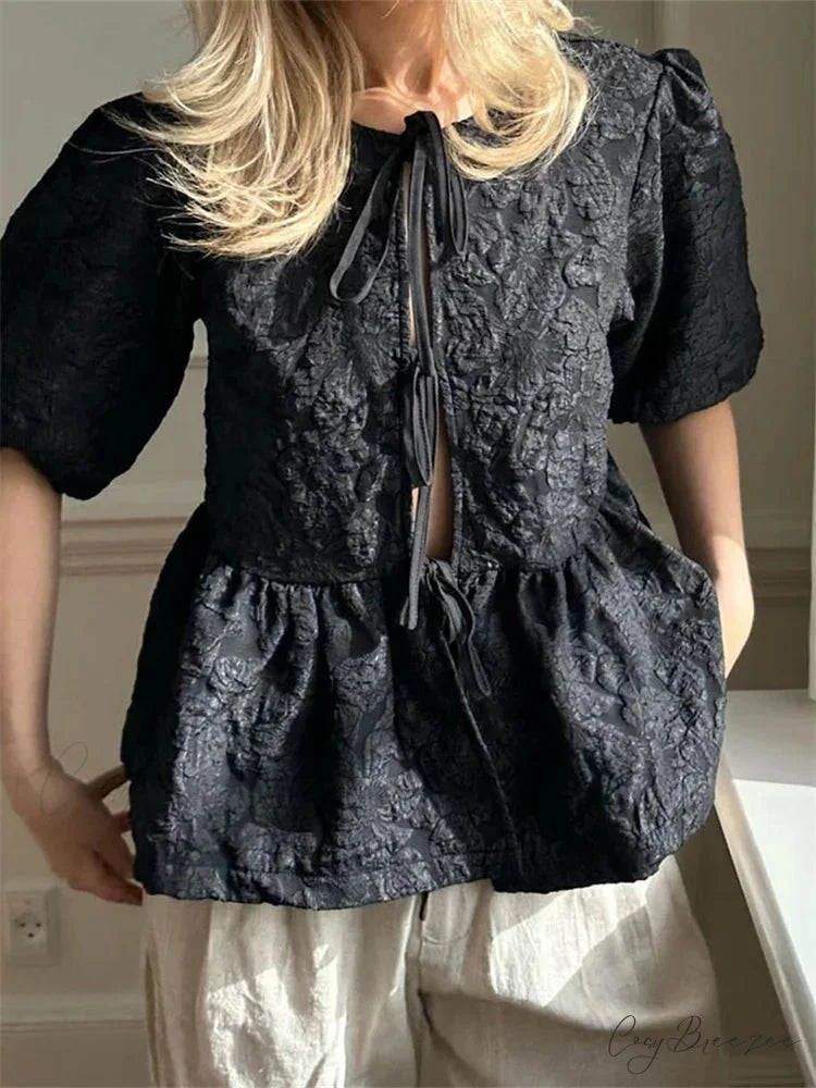 Flower Ruched Front Tie-Up Shirt black / S blouse-250223