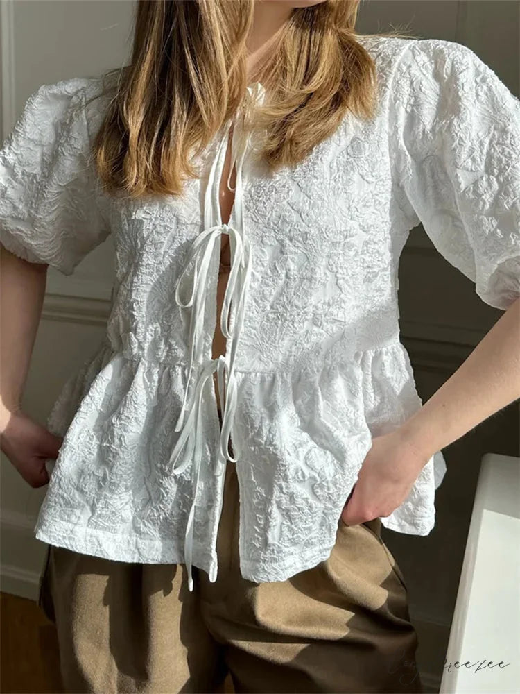 Flower Ruched Front Tie-Up Shirt blouse-250223
