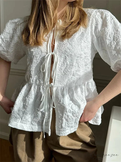 Flower Ruched Front Tie-Up Shirt blouse-250223