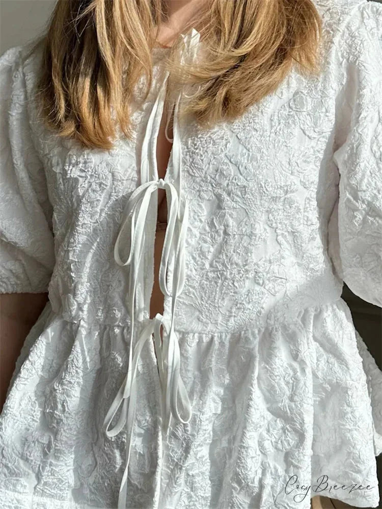 Flower Ruched Front Tie-Up Shirt blouse-250223