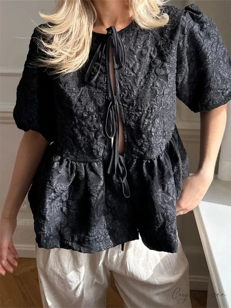 Flower Ruched Front Tie-Up Shirt blouse-250223