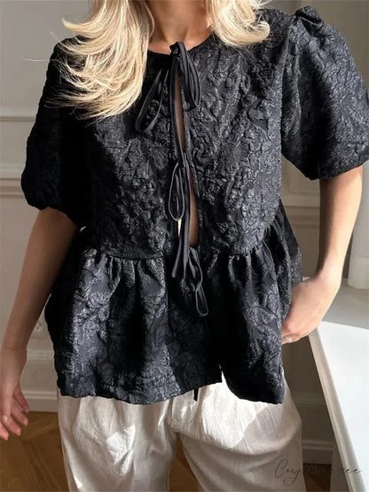 Flower Ruched Front Tie-Up Shirt blouse-250223
