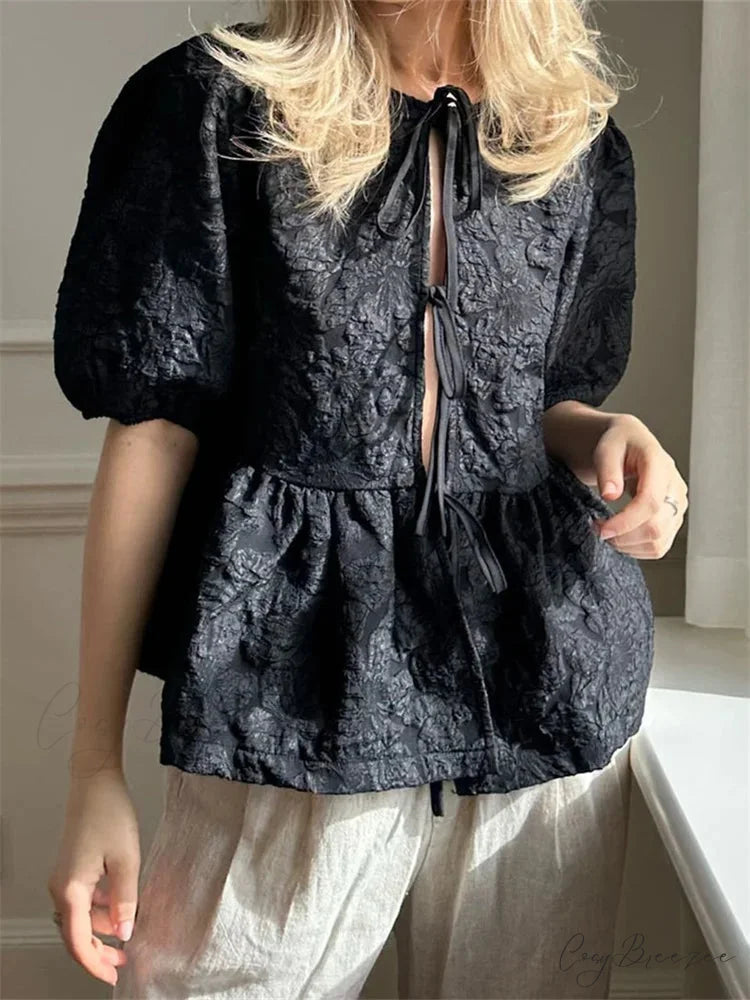 Flower Ruched Front Tie-Up Shirt blouse-250223