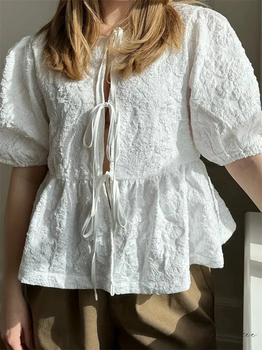 Flower Ruched Front Tie-Up Shirt white / S blouse-250223