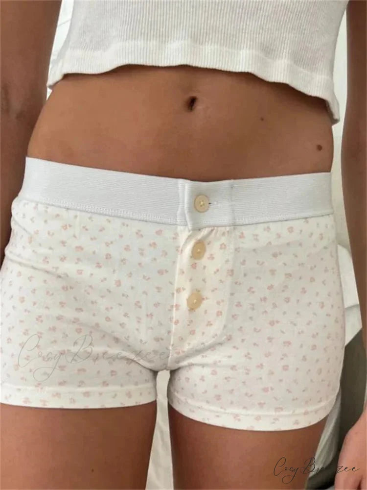 Flower Striped Button Sleep Shorts white1 / S short-250223