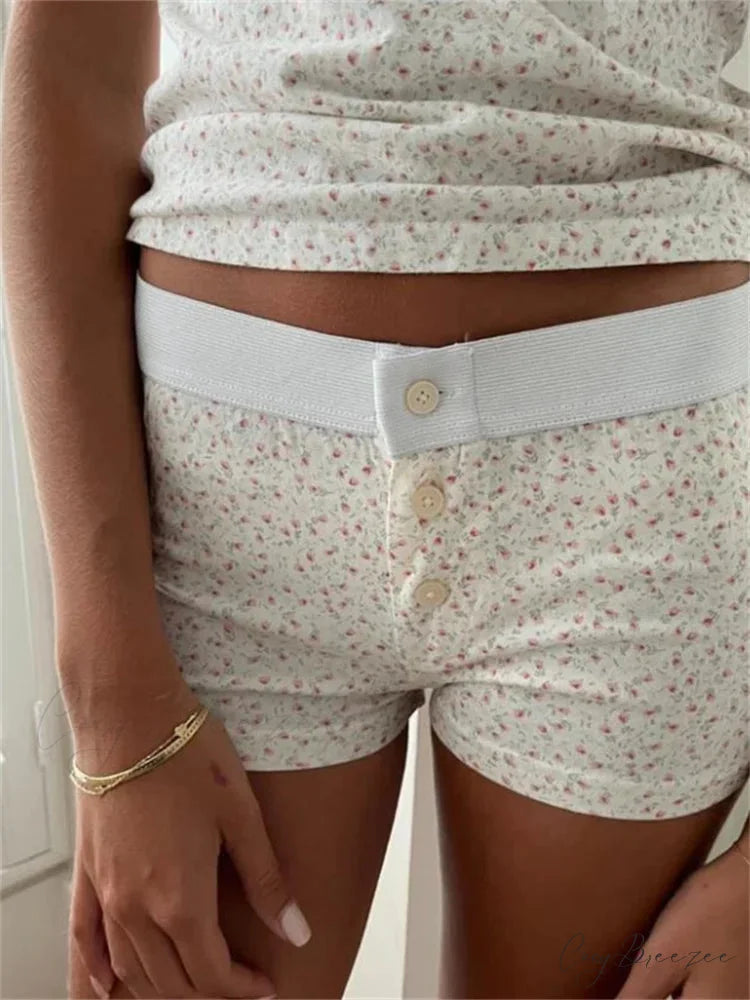 Flower Striped Button Sleep Shorts white2 / S short-250223