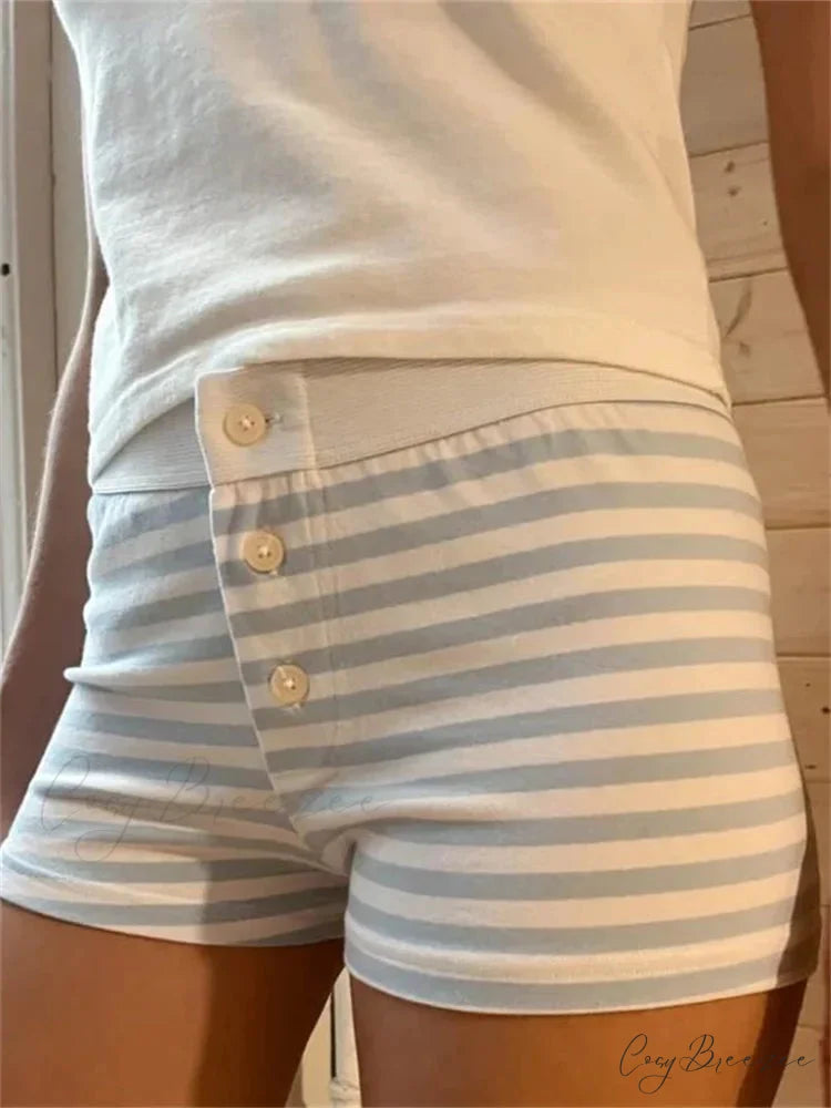 Flower Striped Button Sleep Shorts white3 / S short-250223