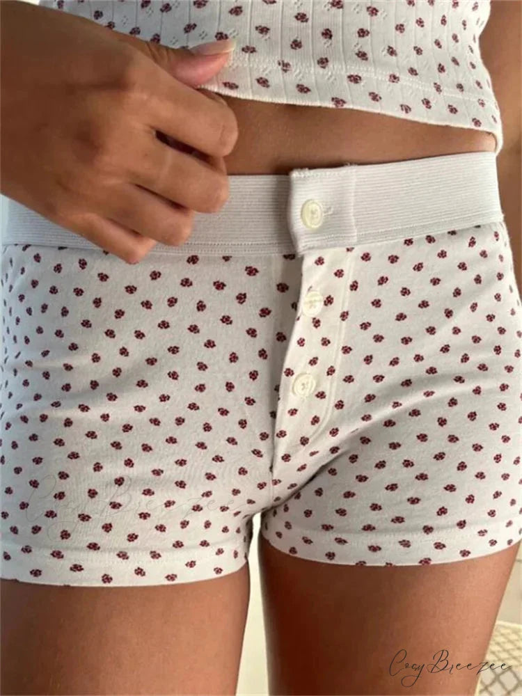 Flower Striped Button Sleep Shorts white4 / S short-250223