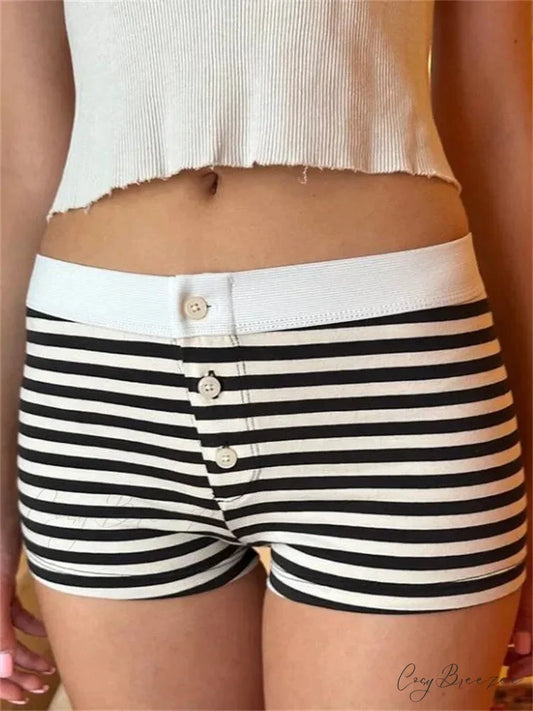 Flower Striped Button Sleep Shorts white5 / S short-250223