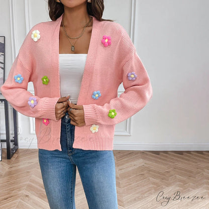 Flowered Knitted Cardigan Pink / S