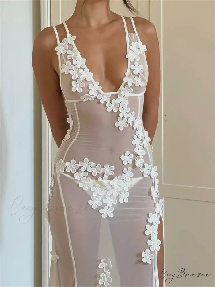 Flowers for Women Sexy Sleeveless Strap High Split Backless Mesh See Through Vestidos Party Clubwear