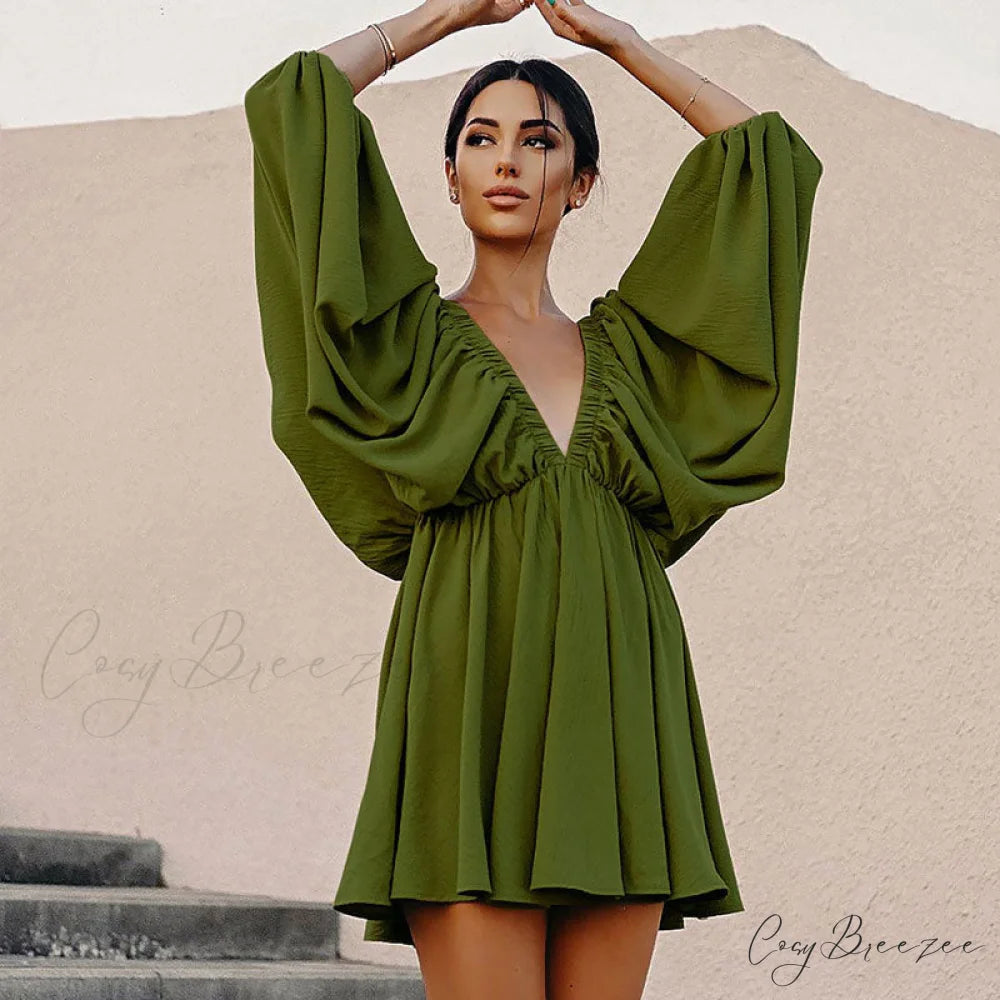 Flowy Ruffle Graceful Swing Mini Dress M / Green