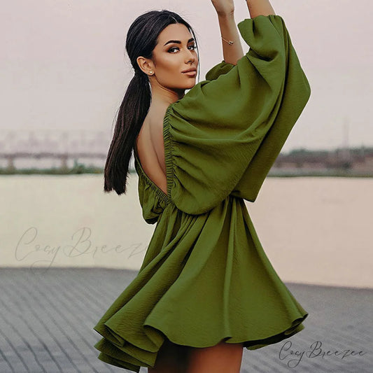 Flowy Ruffle Graceful Swing Mini Dress S / Green