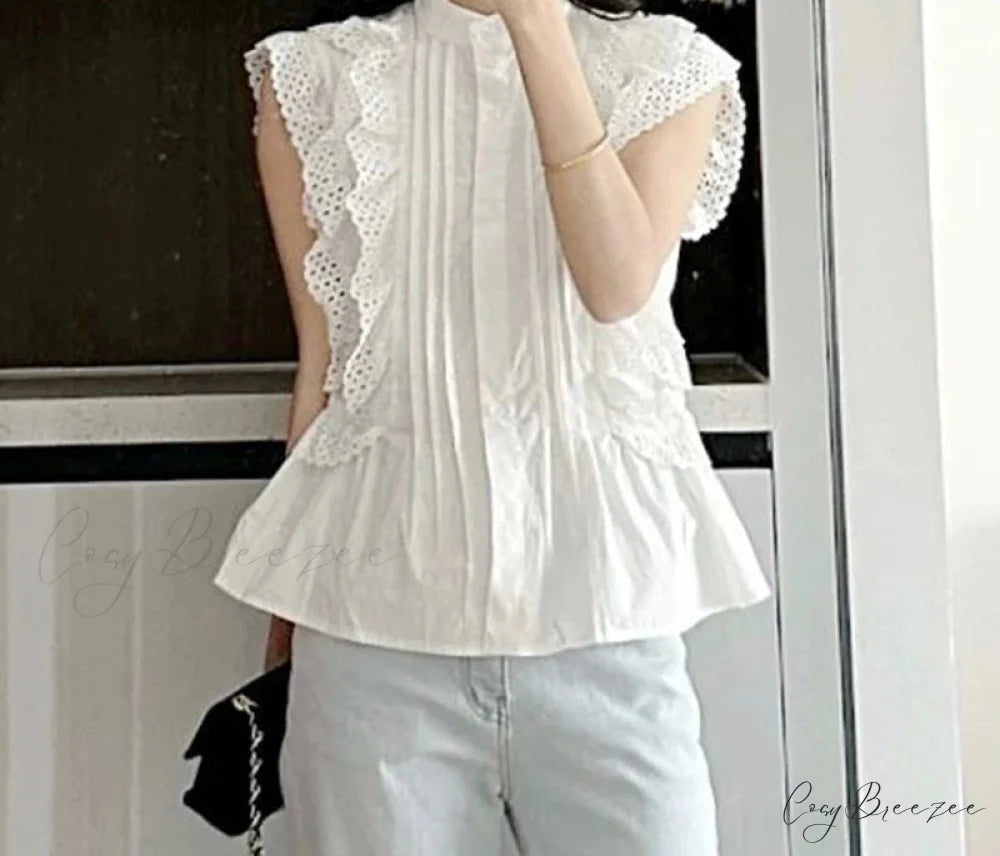 Flying Sleeve Ruffled Lace Button Vintage Crop Top blouse-250126