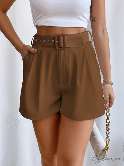 Fold Pleated Belted Wide Leg Shorts Brown / XS