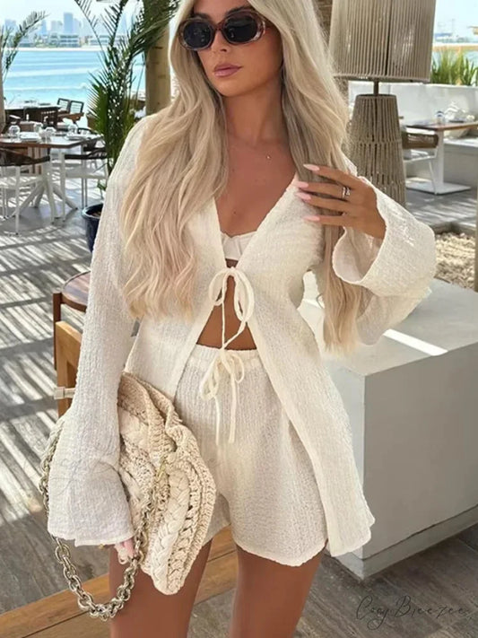 Folded Lace Long Sleeve White Blouse blouse-250223