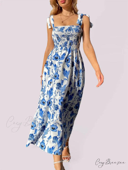 for Flowered Design Tiered Gown Smocked Women Clear blue / S