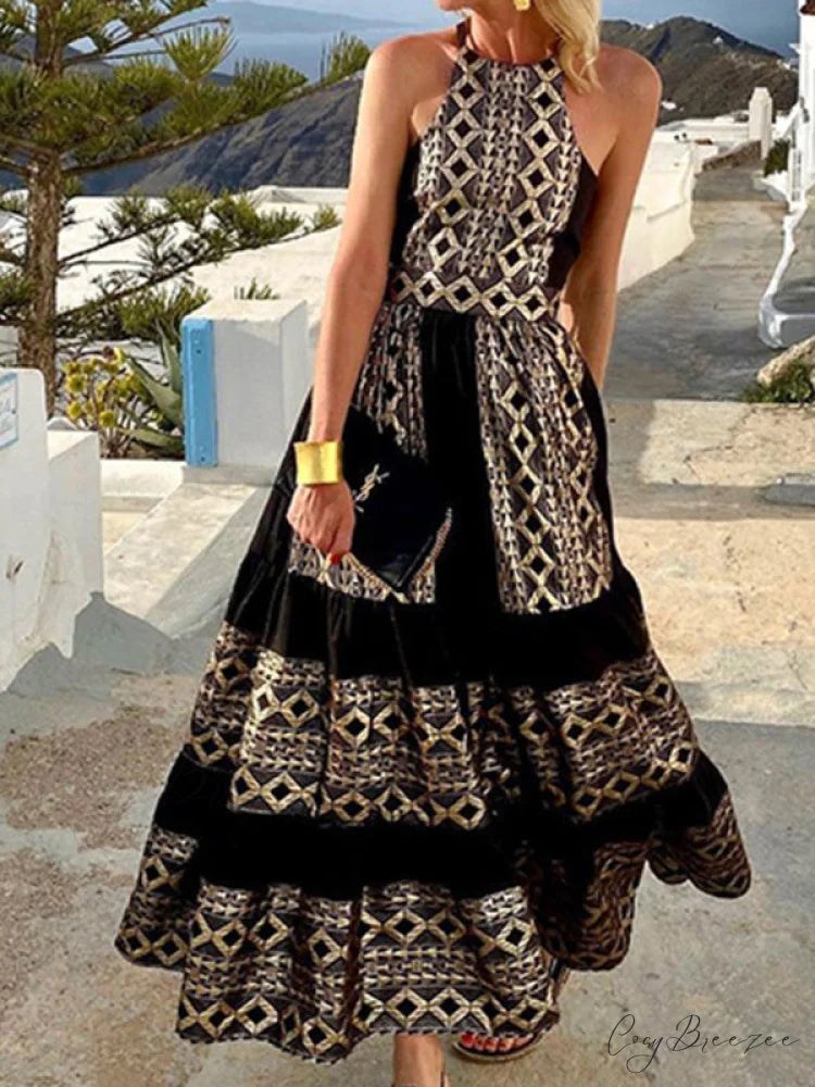 for Gown Patterned Tiered Full-Length Women Black / S