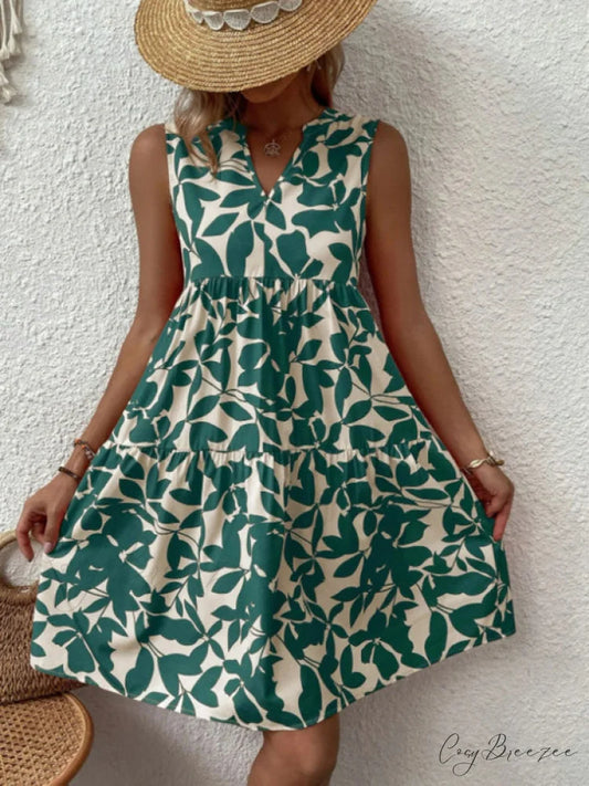 for Tiered Design Sleeveless Minidress Flowered Ruffle Women Green / S
