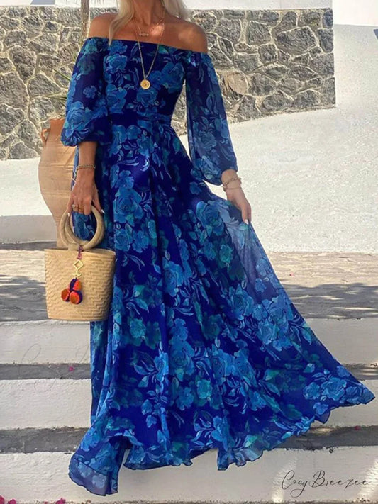Foral Off Shoulder Back Graceful Smocked Vacation Maxi Dress Blue / S