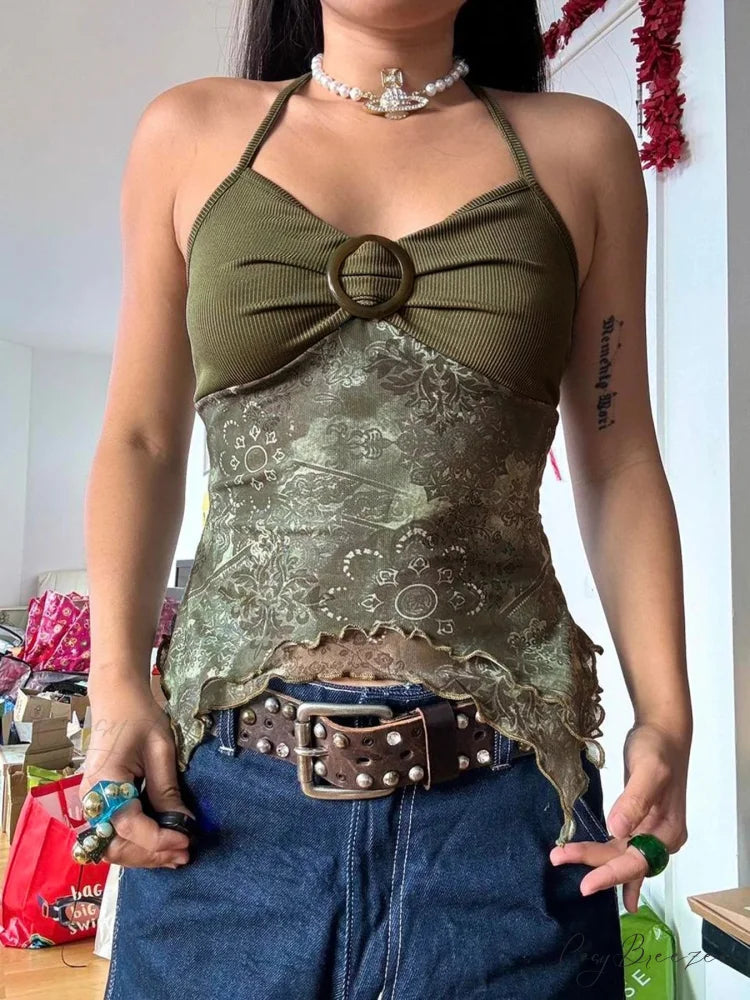 Forest Green Asymmetrical Crop Top Brown / S croptop-250223