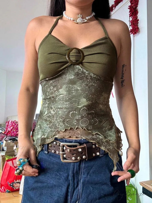 Forest Green Asymmetrical Crop Top Brown / S croptop-250223