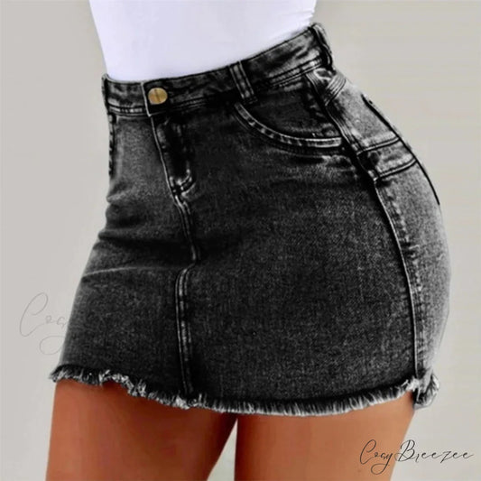 Frayed Hem Holiday Denim Skirt Black / S skirts-250223