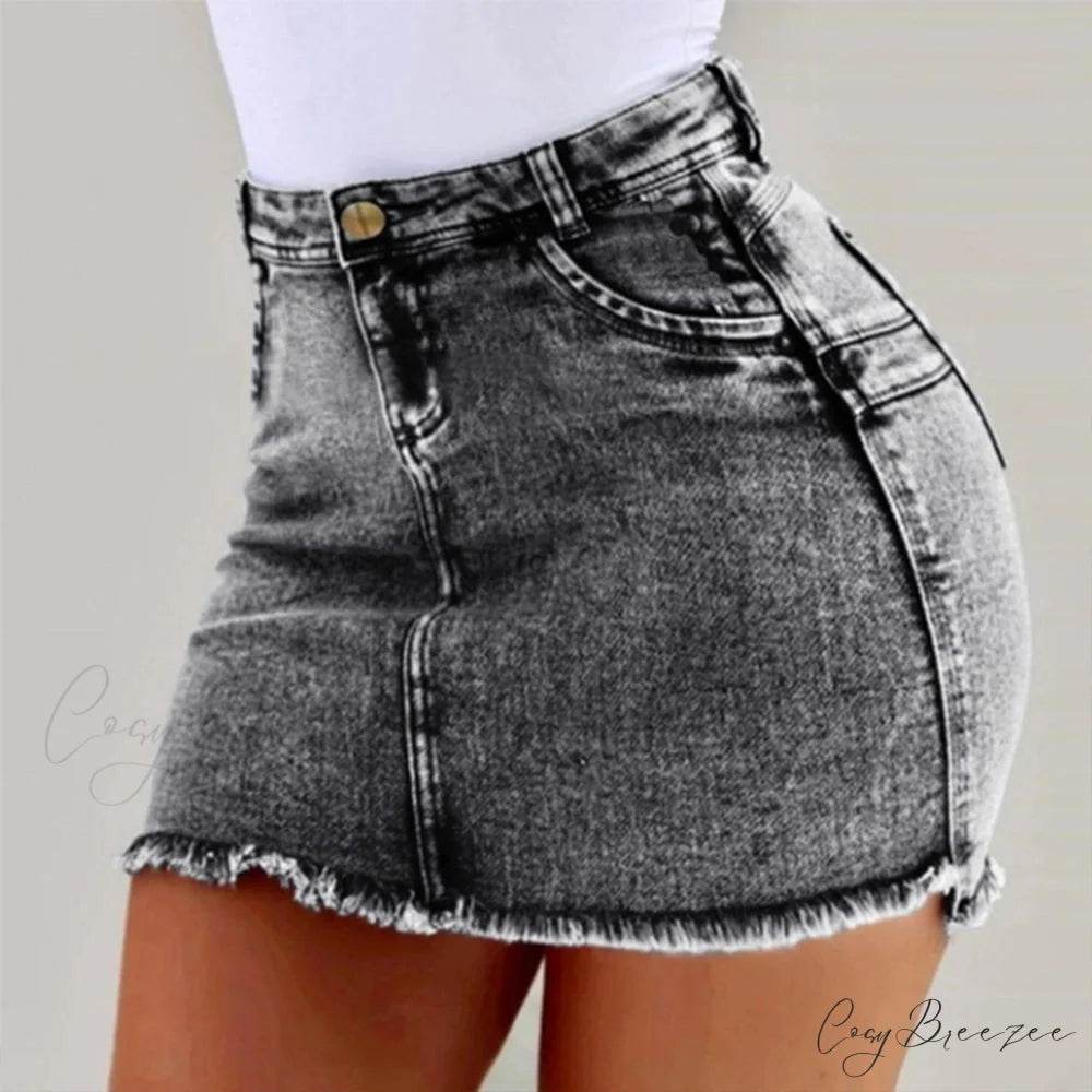 Frayed Hem Holiday Denim Skirt GRAY / S skirts-250223