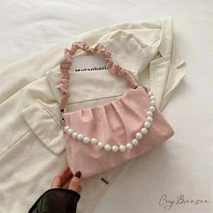French Beaded Chain Pleated Underarm Crossbody Handbag Pink handbag-250126