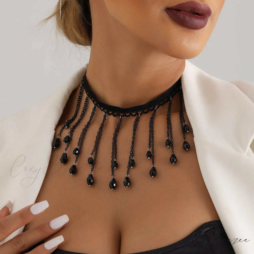 French Black Crystal Gothic Water Drop Tassel Lolita Lace Necklace BLACK
