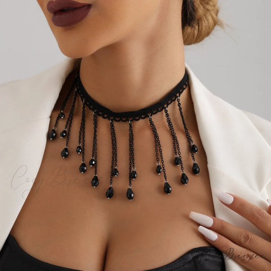 French Black Crystal Gothic Water Drop Tassel Lolita Lace Necklace BLACK