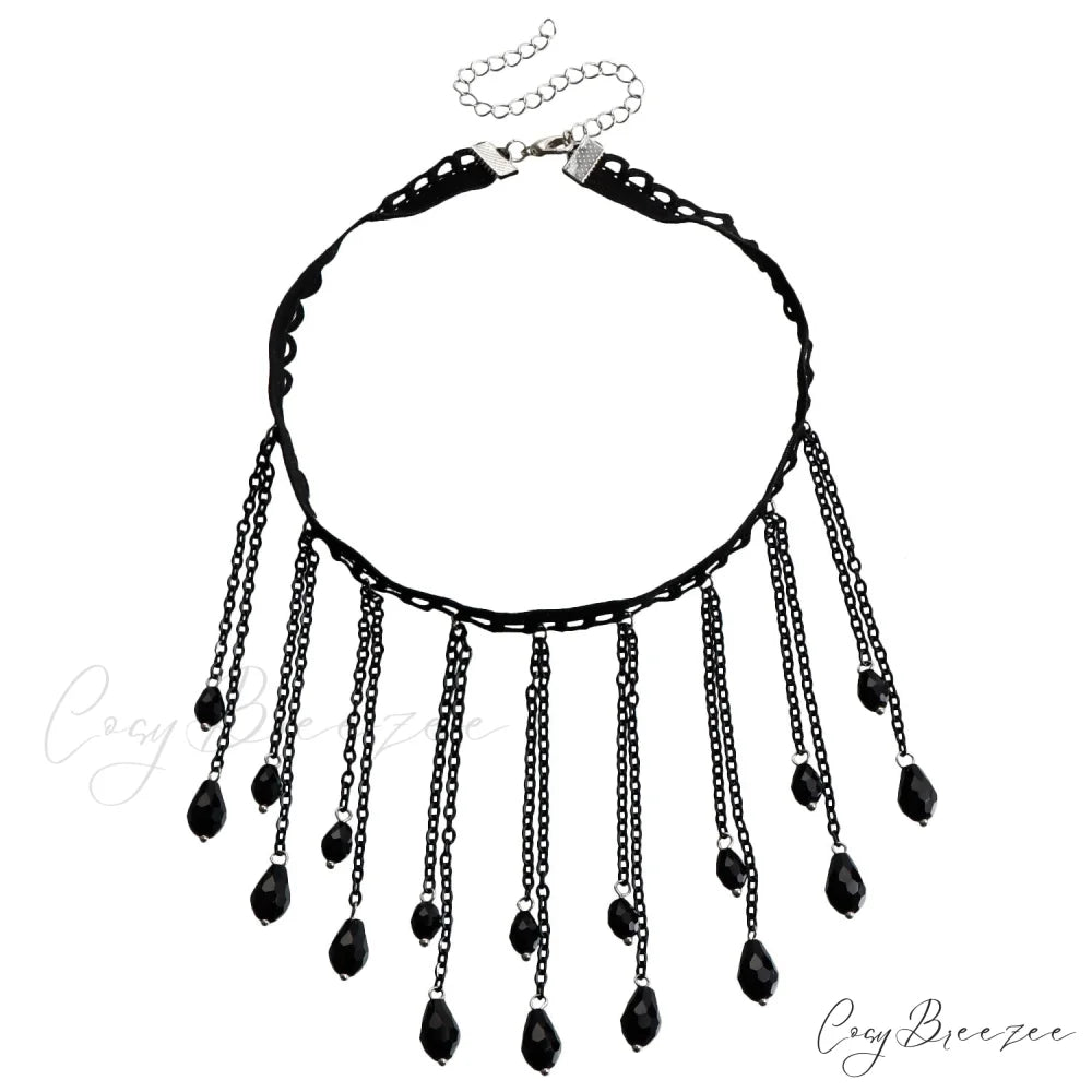 French Black Crystal Gothic Water Drop Tassel Lolita Lace Necklace BLACK