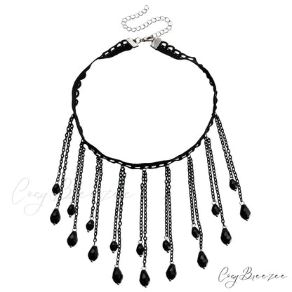 French Black Crystal Gothic Water Drop Tassel Lolita Lace Necklace BLACK