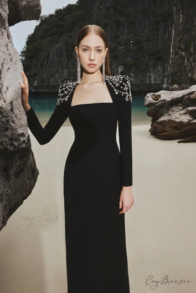 French Elegant Square Neck Long Sleeve Prom Dress black / XS promdress-250223