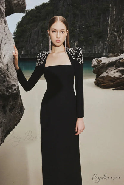 French Elegant Square Neck Long Sleeve Prom Dress black / XS promdress-250223