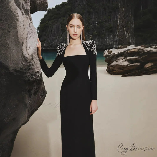French Elegant Square Neck Long Sleeve Prom Dress promdress-250223