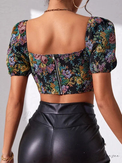 French Floral Corset Lace Up Bustier Crop Top croptop-250126