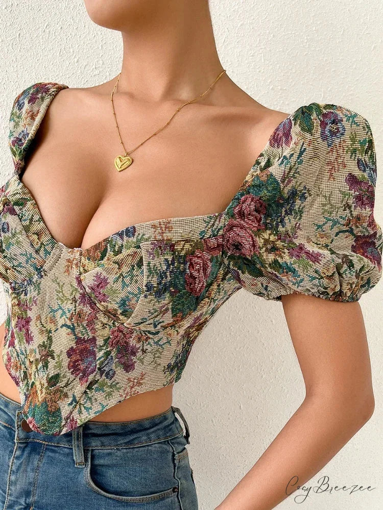 French Floral Corset Lace Up Bustier Crop Top croptop-250126