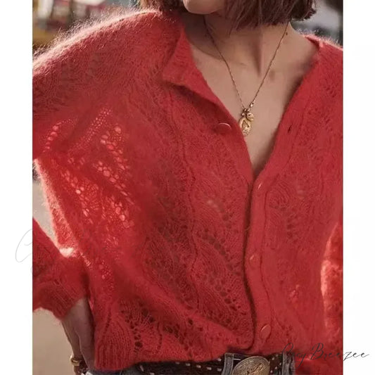French Hollow Out Loose Red Mohair Cardigan Red / S