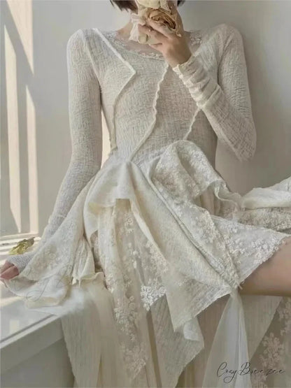 French Irregular Lace Splicing Evening Bridesmaid White Midi Dress