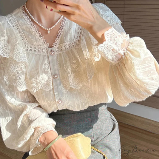 French Lace Lolita Sophisticated Long Sleeve Blouse Apricot shirt / S(40-47.5KGS) blouse-250126