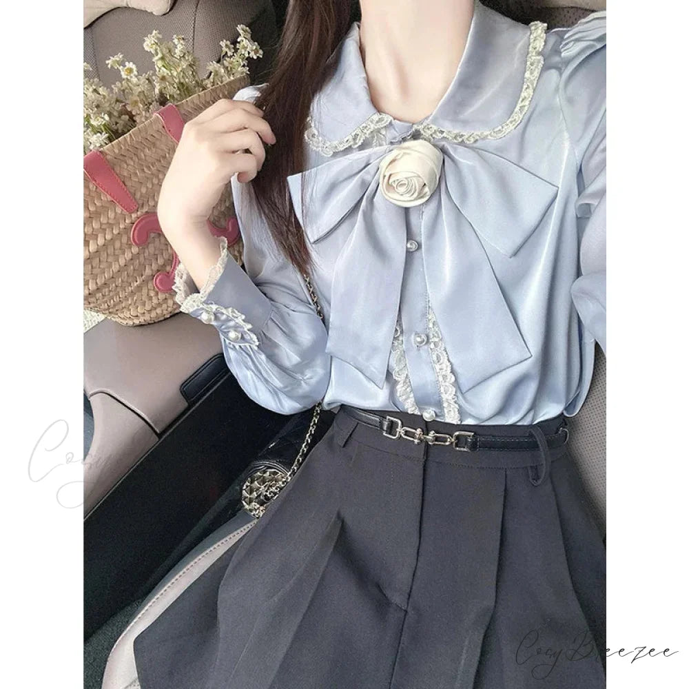 French Lace Lolita Sophisticated Long Sleeve Blouse blue shirt / S(40-47.5KGS) blouse-250126