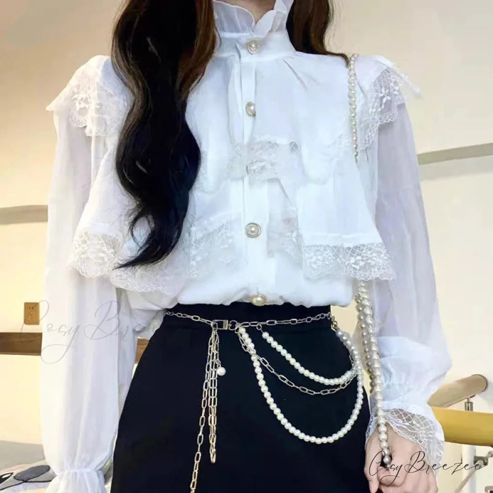 French Lace Lolita Sophisticated Long Sleeve Blouse white shirt / S(40-47.5KGS) blouse-250126