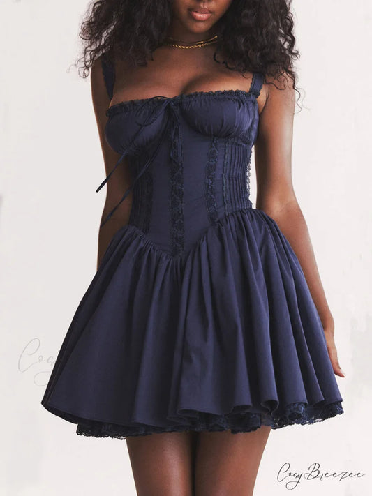 French Navy Stylish Corset Mini Dress Navy Blue / S