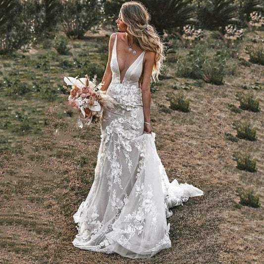 French Sheer Tulle Long Train Wedding Dress lvory white / 2 weddingdress-250223