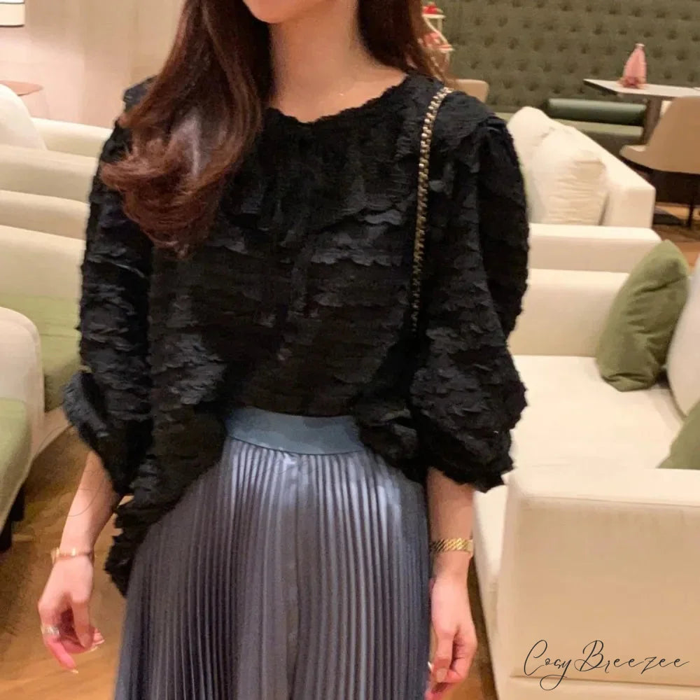 French Style Lace Up Relaxed Blouse blouse-250223