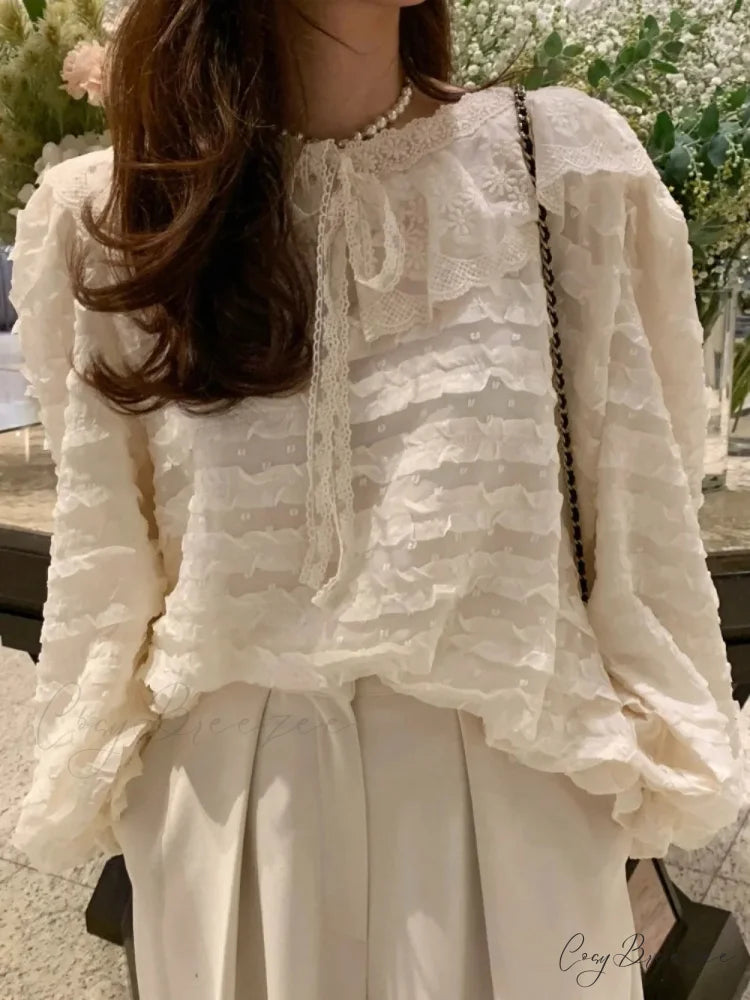French Style Lace Up Relaxed Blouse blouse-250223