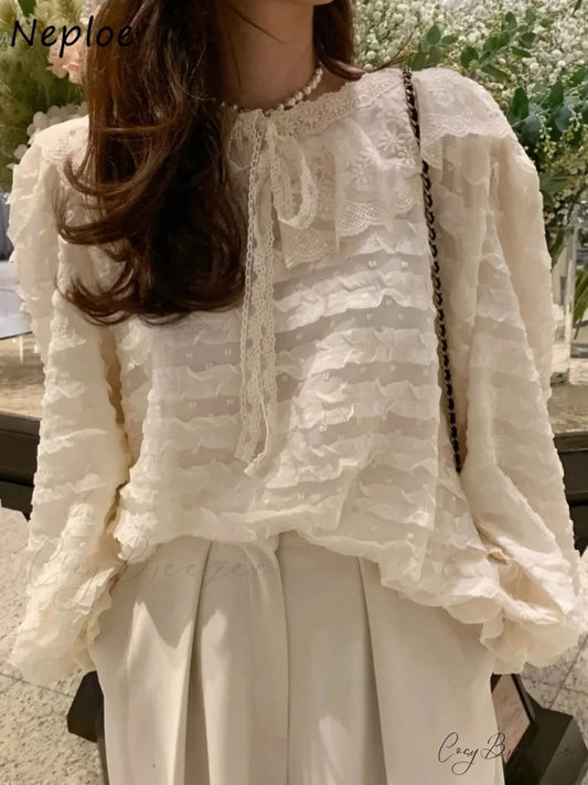 French Style Lace Up Relaxed Blouse blouse-250223
